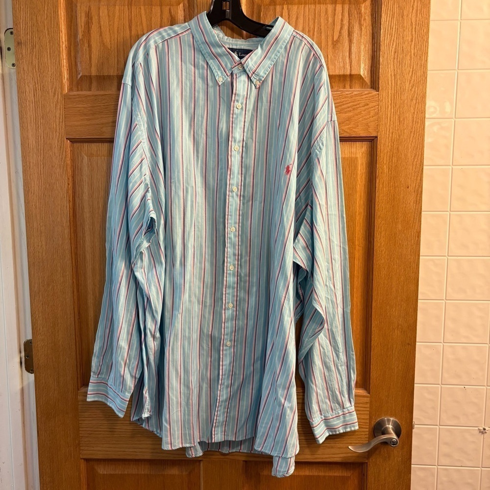 Ralph Lauren Shirt Mens 4XLT Teal Pink Blue Stripe Pony Cotton Button Up Preppy